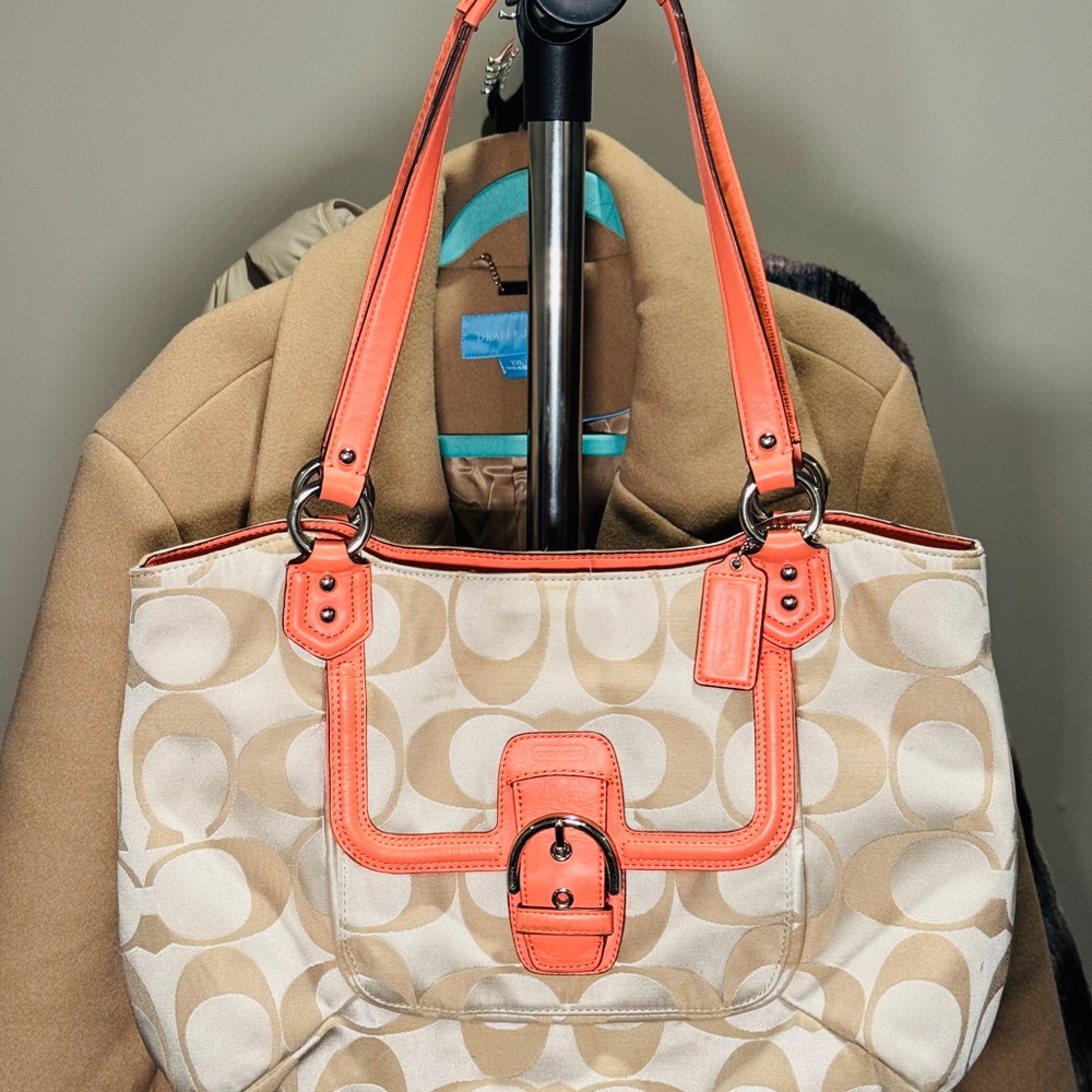 Coach Signature Canvas Tote Bag – Beige & Coral Leather Trim Shoulder Bag